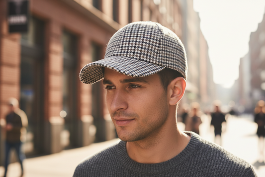 Three baseball caps in checkered patterns with colors orange, gray, and red, positioned side by side.