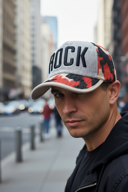 Cap with 'ROCK' text on a white background