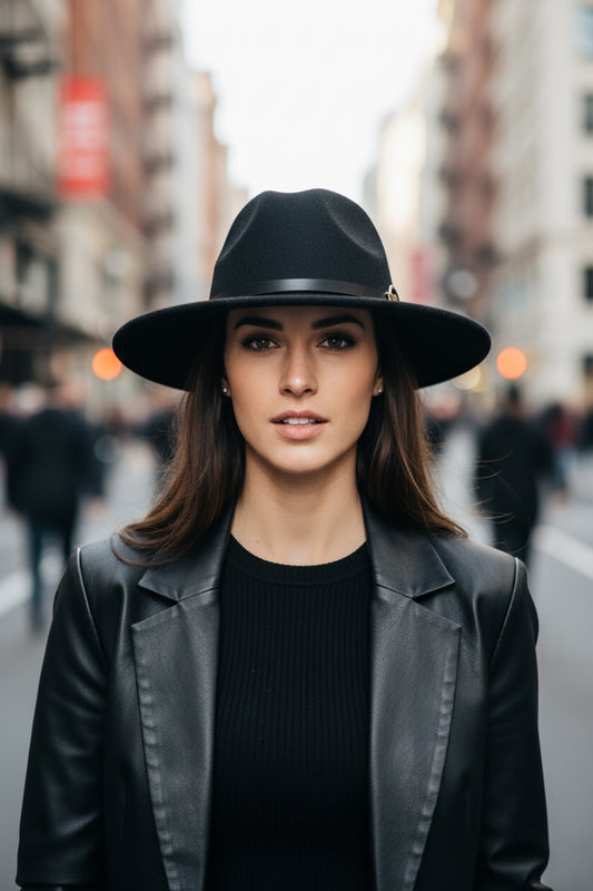 Black fedora hat with a gold buckle on a white background
