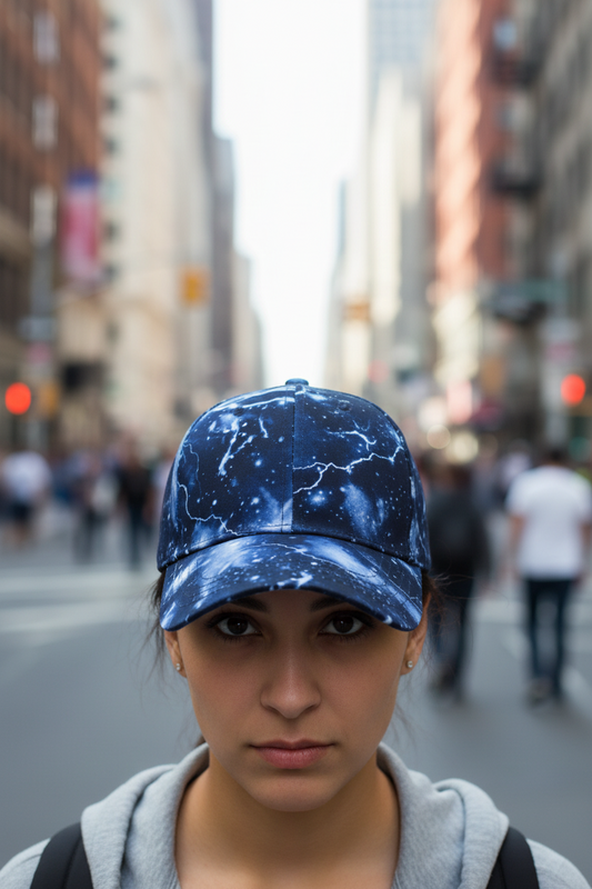 Three baseball hats with a lightning print pattern in black, purple, and blue colors.