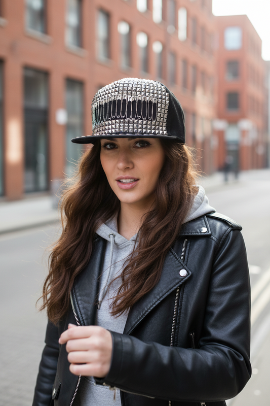 Black cap with silver pyramid studs and metal accents on a white background
