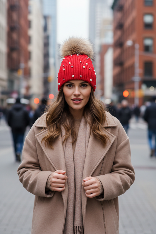 Three knitted hats with pearl point drill and raccoon fur balls, in gray, black, and red colors.