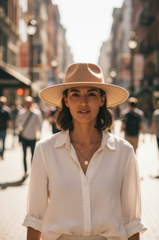 Brown hat on a metal stand against a white background