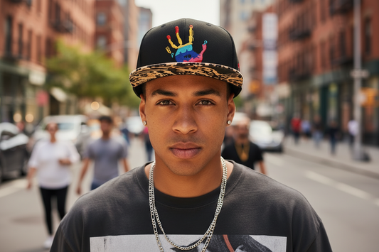 A collection of various flat brim caps with different patterns and colors, including solid black, camouflage, and other designs suitable for different ages and styles.