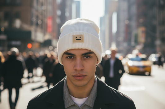 Three knitted hats in black, gray, and purple colors, displayed on a flat surface, with a decorative element in the background.