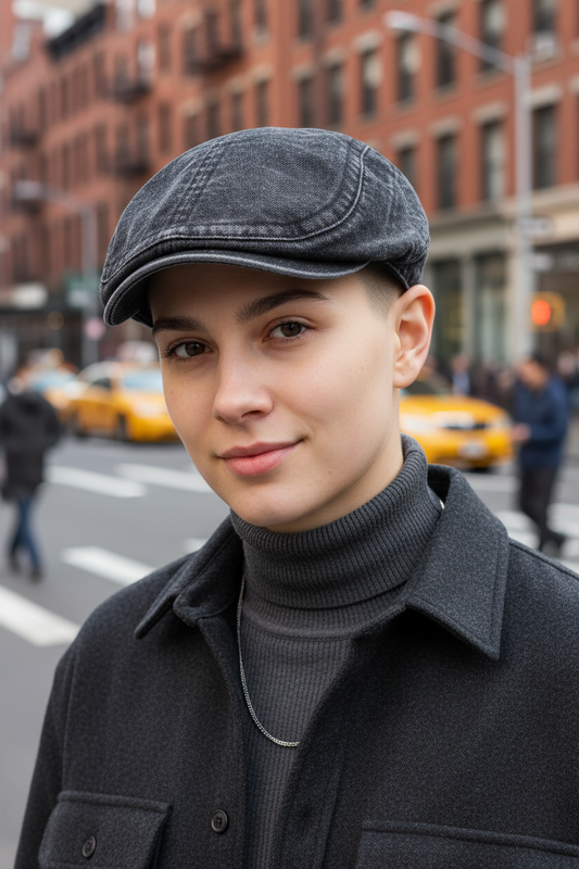 Black denim cap on a white background