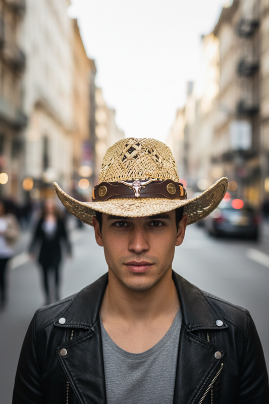 Straw cowboy hat with a leather band featuring a longhorn design on a white background