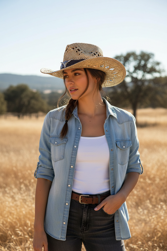Polland Women's Hand-Knitted Straw Cowboy Hat – One Size, Summer
