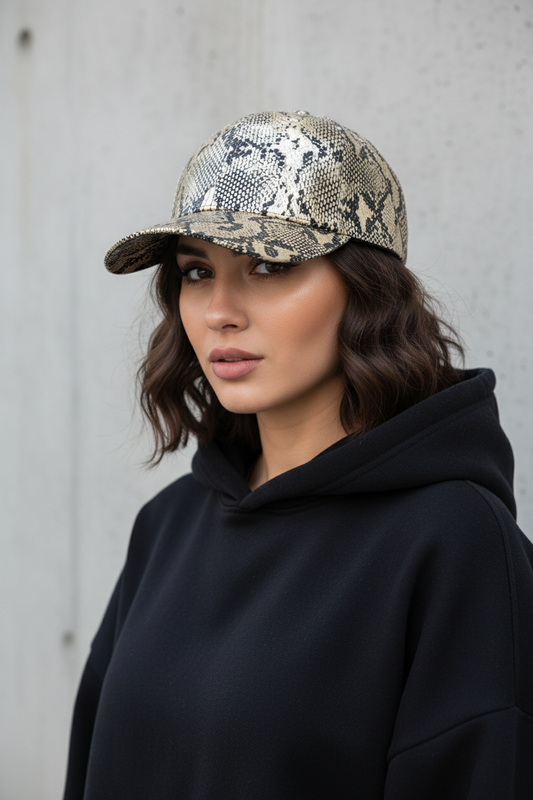 Jackson Snake Print Faux Leather Baseball Cap, Adjustable Unisex