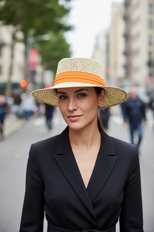 Beige straw hat with an orange band on a blurred background