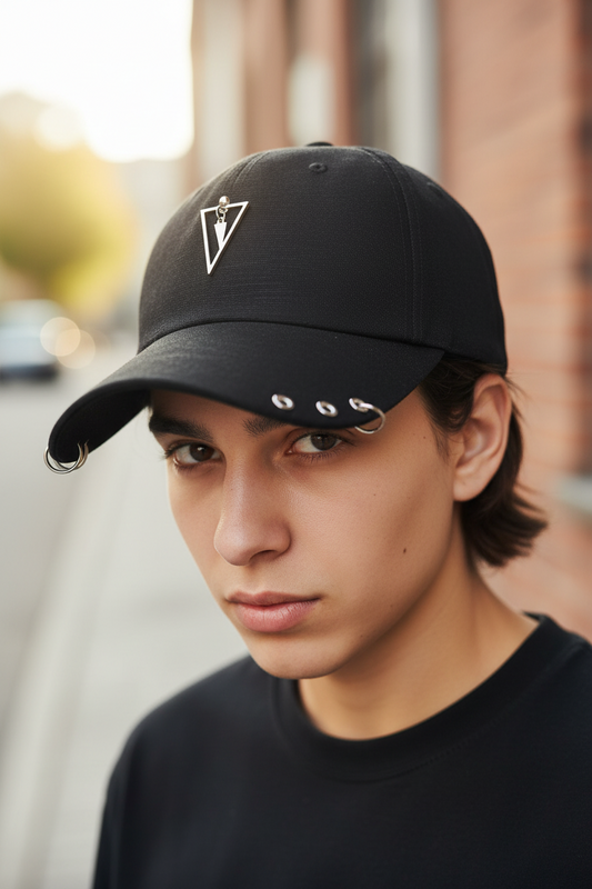 Black cap with gold triangle emblem and rings on a white background
