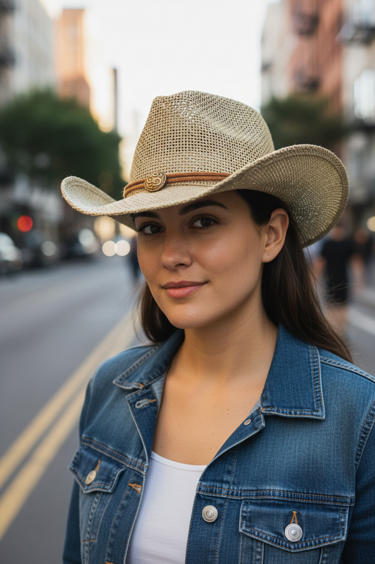 Beige straw cowboy hat with a brown leather band on a white background