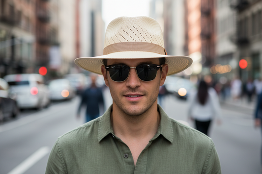 Beige straw hat with a brown band on a white background