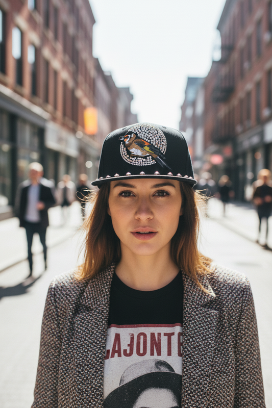 Black cap with a bird design and rhinestones on a white background