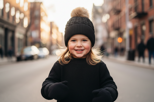 Black knit beanie with pom-pom and black mittens on a beige background