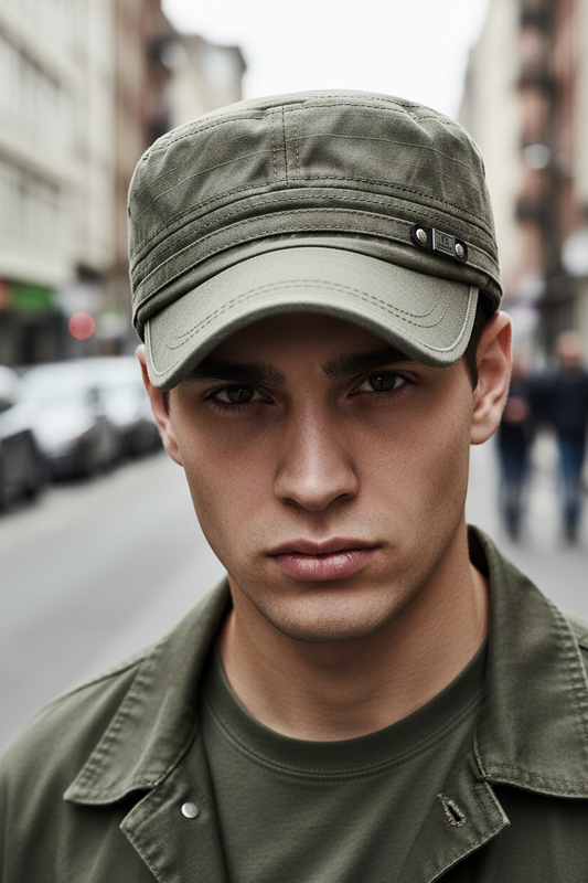 Green military-style cap with a brand logo on a white background