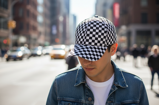 A black and white checkered baseball cap.