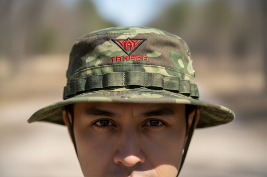 Green camouflage bucket hat with a brand logo on a white background