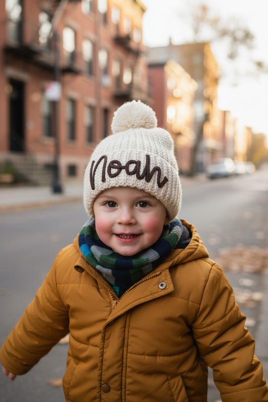 Beige knit beanie with 'Noah' embroidery on a white background