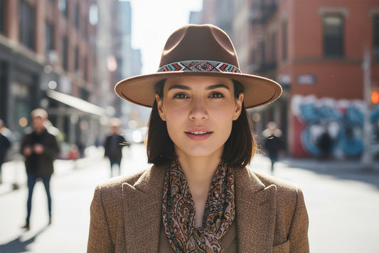 Brown hat with a decorative band on a white background