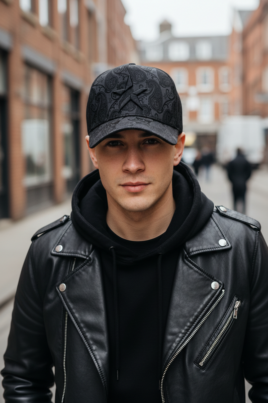 Black patterned baseball cap on a white background