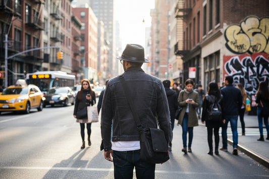 Gray fedora hat with a black band on a white background
