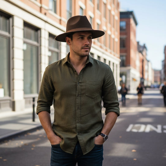 Brown fedora hat with a leather band on a white background