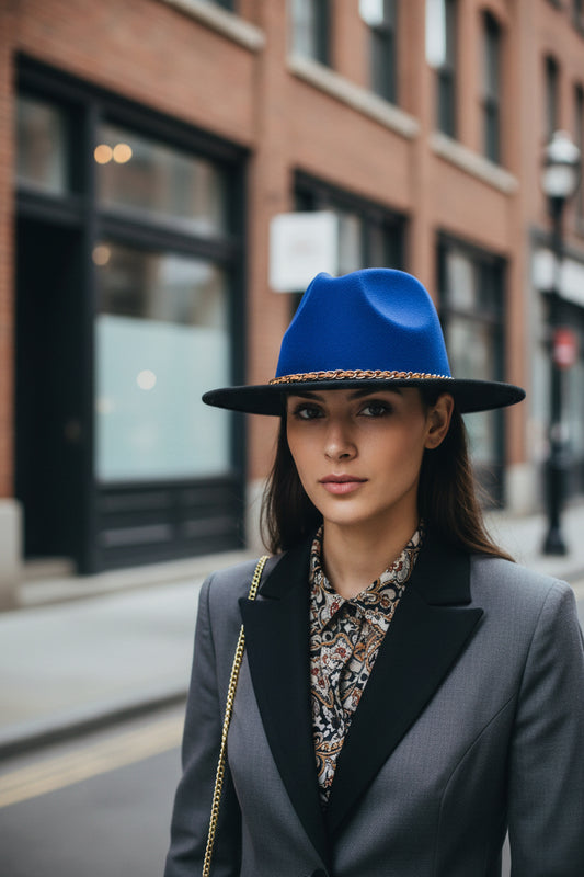 Blue fedora hat with a gold chain on a white background
