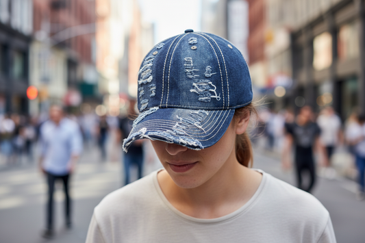 A distressed denim baseball cap in shades of blue with a white stitching pattern.