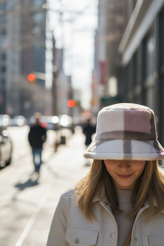 Plaid bucket hat with brown and beige pattern on a white background