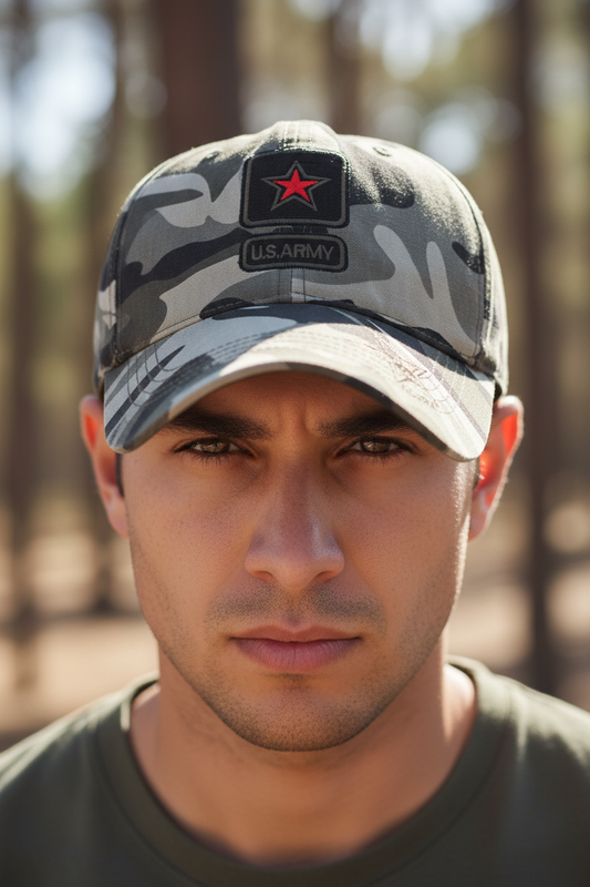 A camouflage-shaded baseball cap with a red star and 'U.S. Army' embroidery on the front.