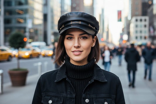 Black leather cap with gold chain details on a white background