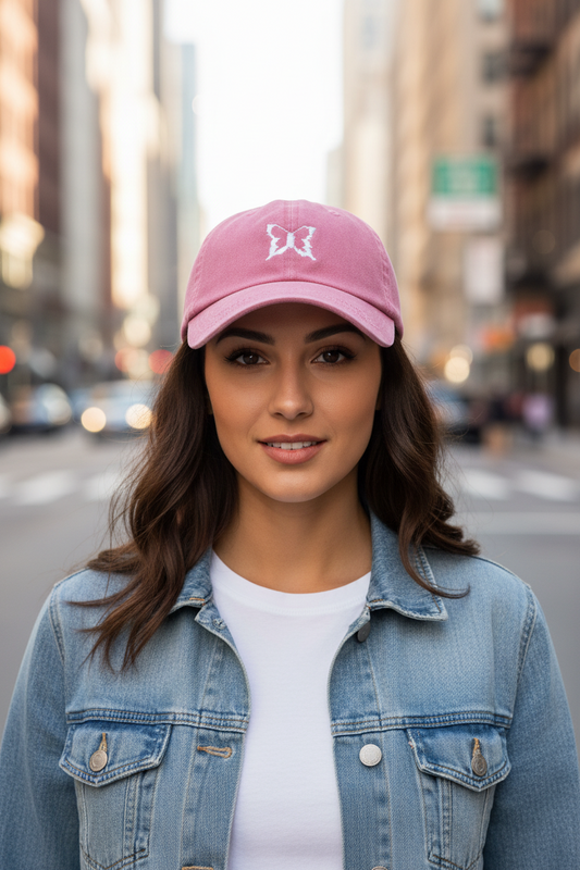 Pink baseball cap with a white butterfly logo on a light gray background