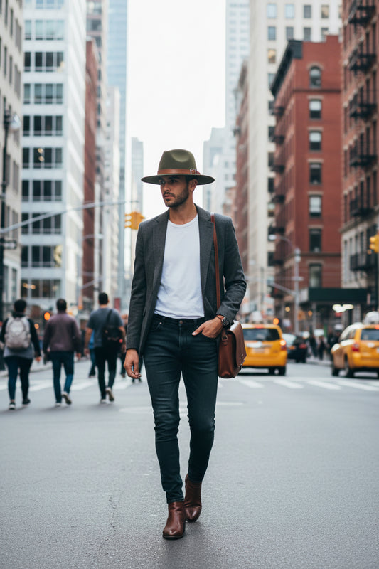 Green fedora hat with a brown leather band on a white background