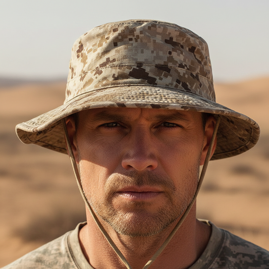 Camouflage hat with a chin strap on a white background