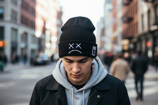Black beanie with a white sad face design on a white background