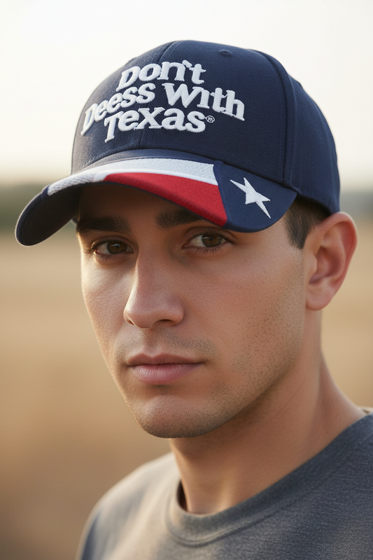 Navy blue cap with red and white design and text on a white background