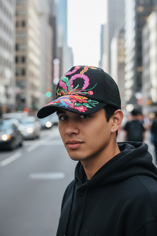 A collection of women's sun hats with colorful floral embroidery on a black mesh base, displayed in various colors.