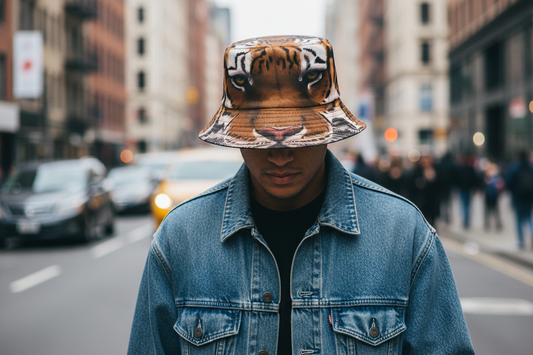 Bucket hat with tiger face design on a white background