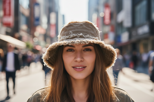 Khaki hat with frayed edges on a light gray background