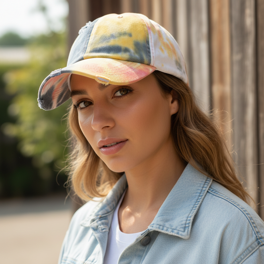 A fashionably distressed baseball cap with a tie-dye pattern in a black, blue, and white color palette, featuring a hole at the front.