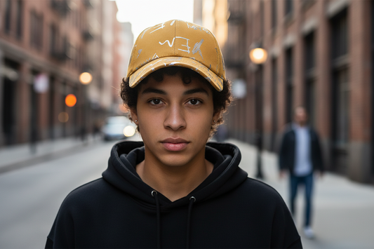 A yellow baseball cap with a curved brim featuring a white text pattern that reads 'BABY' and other indistinct words.