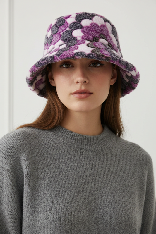 Floral Embossed Coral Fleece Bucket Hat – Flat Brim, Unisex, M (56–58 cm)