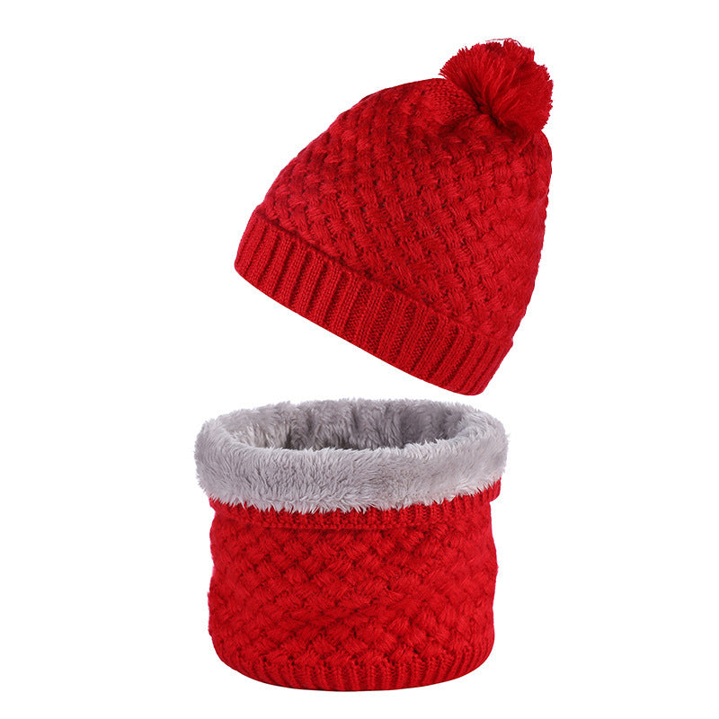 Plus Velvet Thick Knitted Fur Ball Hat Scarf Set Warm Wool Single