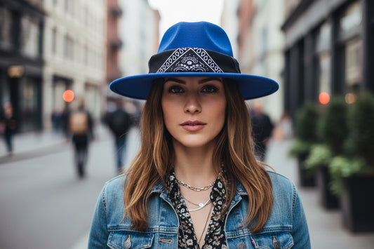 Blue fedora hat with a bandana around the brim on a white background