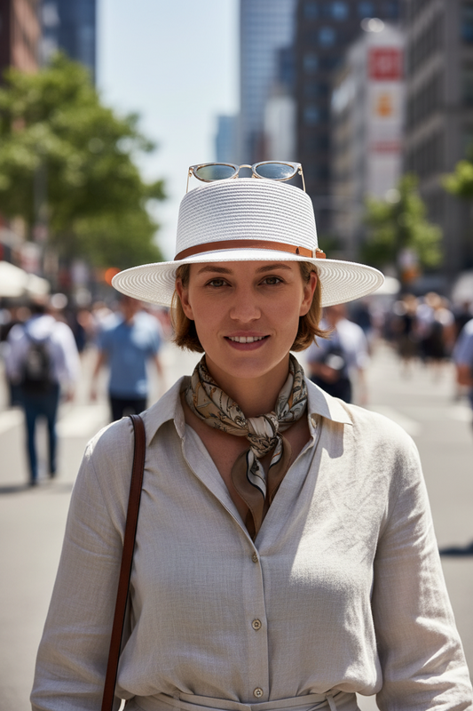 White straw hat with a brown band on a gray surface