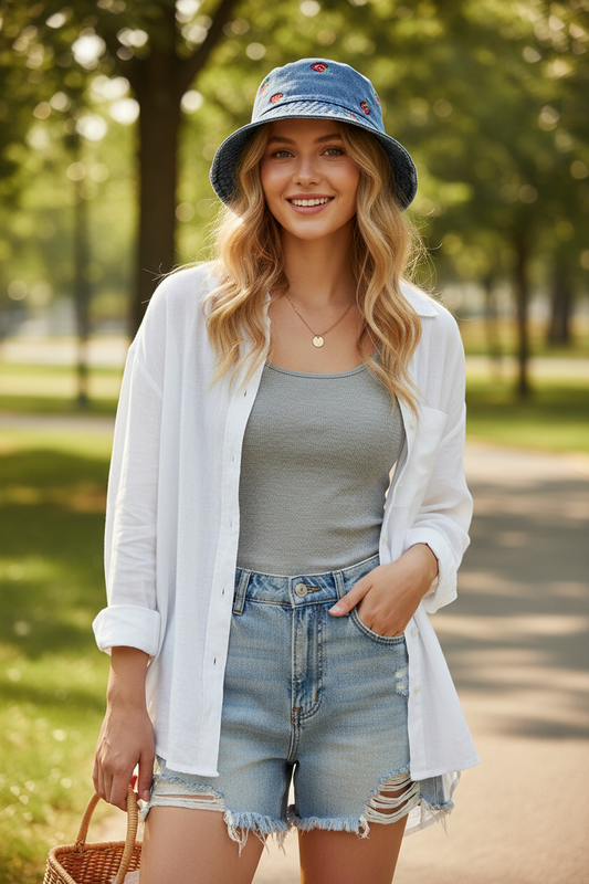Embroidered Strawberry Polyester Bucket Hat