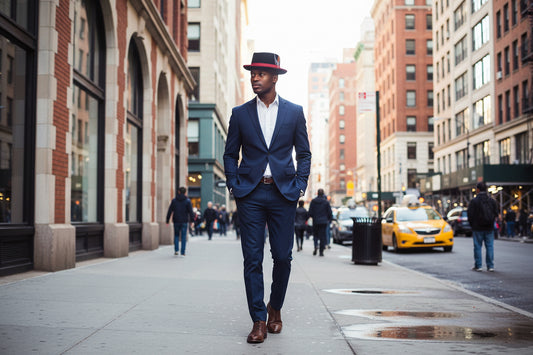 Black fedora hat with a red band and feather on a white background