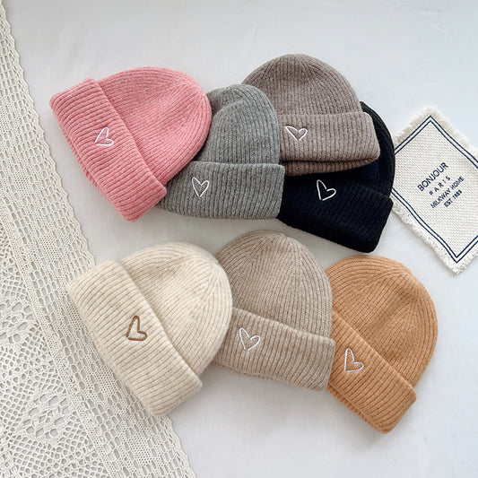 TheCapSpot - Heart Embroidery Solid Color Children Woolen Knitted Hat