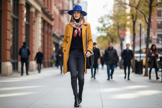 Blue fedora hat with a black band on a white background